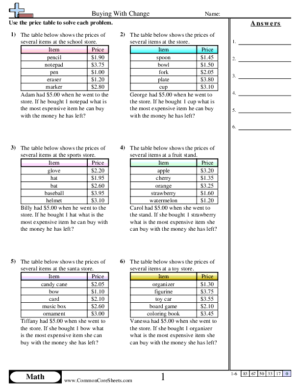 Buying With Change worksheet